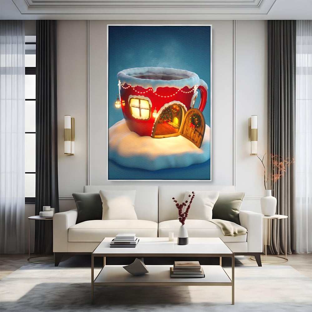 Tablou canvas cu ilustratie cana rosie cu casa de craciun, in rama de aluminiu argintiu, pe perete intr-un living